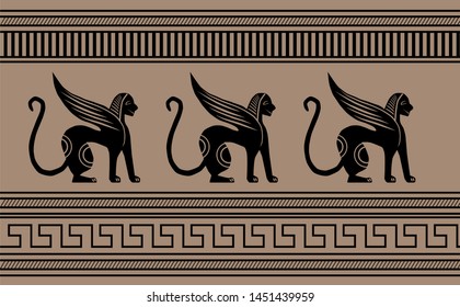 Greek pattern with sphinxes on a beige-brown background