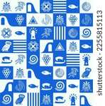 Greek pattern with square tiles, set of traditional symbols of Greece. Blue and white collection of travel icons, culture signs, city elements, simple combination of shapes and lines. Vector.