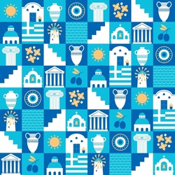 Greek Pattern With Square Tiles, Set Of Traditional Symbols Of Greece. Blue, White And Gold Travel Icons, Culture, Elements, Buildings, Sun, Sea, Vacation