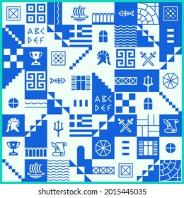 Greek pattern with square tiles, set of traditional symbols of ancient Greece. Blue seamless collection of geometric icons, culture signs, urban elements, military subjects, simple shapes and lines