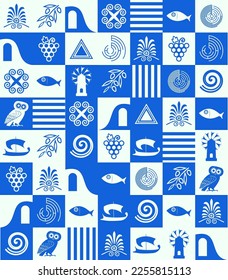 Greek pattern with square tiles, set of traditional symbols of Greece. Blue and white collection of travel icons, culture signs, city elements, simple combination of shapes and lines. Vector.