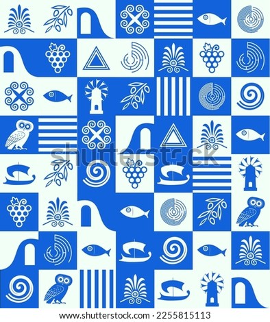 Greek pattern with square tiles, set of traditional symbols of Greece. Blue and white collection of travel icons, culture signs, city elements, simple combination of shapes and lines. Vector.