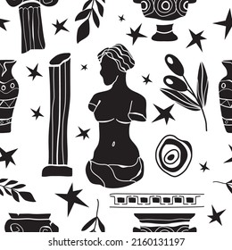 Greek Pattern. Statues, Columns, Amphorae, Vases, Olives, A Wreath. The Culture Of Ancient Greece. Vector Illustration Drawn By Hand.