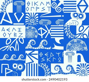 Greek pattern with tiles, set of traditional symbols and letters of Greece. Blue and white collection of travel icons, culture signs, city elements, simple combination of shapes and lines. Vector.