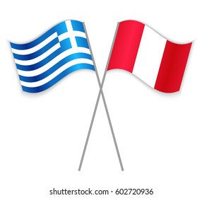 Greek and Peruvian crossed flags. Greece combined with Peru isolated on white. Language learning, international business or travel concept.