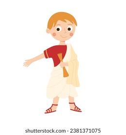 Greek philosopher cartoon character. Ancient boy in toga isolated element. Person wear traditional Roman or Greek clothes. Ancient knowledge and history. Vector child illustration.