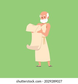 Greek Philosopher Standing Reading Ancient Manuscript, Flat Vector Illustration Isolated On Green Background. Ancient Philosopher Or Thinker, Sage Male Character.