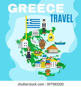 Greek poster with mainland map and main attractions sightseeing and peculiarities of the country vector illustration