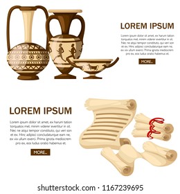 Greek pottery with ancient scrolls. Amphora with patterns, kylix. Greek or roman culture. Brown color and patterns. Flat vector illustration on white background. Web site page and mobile app design.