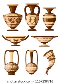 Greek pottery icon collection. Amphora with patterns, rhyton, kylix. Greek or roman culture. Brown color and patterns. Flat vector illustration isolated on white background.