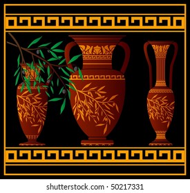 greek red amphoras and jug. vector illustration