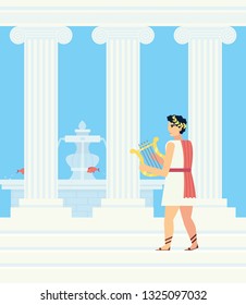 A Greek in a red cloak playing the lyre stands on the steps of the Palace