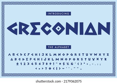 Greek restaurant font. English vector alphabet in antique style. Typeset for Greece Graphic Design