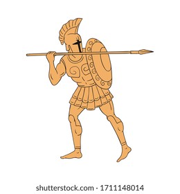 Greek or roman ancient warrior or soldier with sword and shield in style of antique greece terracotta painting, vector illustration isolated on white background.