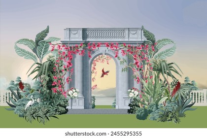 Greek, Roman, Greek arch, garden, flower, bird, wallpaper illustrations. 