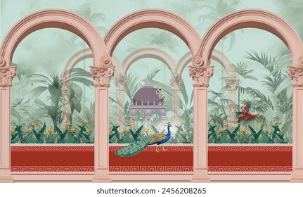 
Griego, romano, arco griego, jardín, flor, pavo real, ilustraciones de Fondo de pantalla.