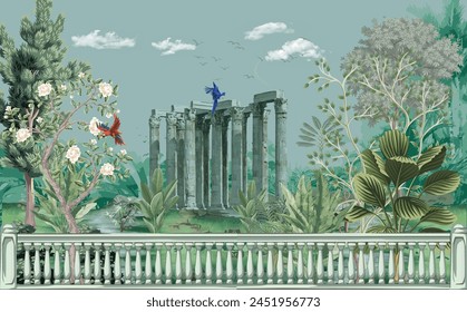 Griego, romano, arco griego, jardín, pavo real, ilustraciones de Fondo de pantalla. Cúpula de arquitectura romana, árbol, loro ilustración paisajística para el Fondo de pantalla.