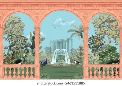 Greek, Roman, Greek arch, garden, peacock, wallpaper Illustrations. Roman architecture dome, fountain, parrot landscape illustration for wallpaper.