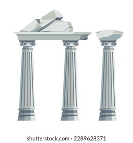 Greek or Roman architecture elements, isolated columns or pillars, ruins and stones. Ancient constructions and buildings, temples and pantheons, Greece or Roman historical site. Vector in flat style