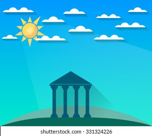 Greek and Roman architecture. The monument of architecture with columns in a landscape with clouds and sun. Sight. Vector illustration.