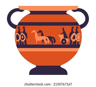 Greek or Roman art and sculptures, isolated ancient vases with battle scene or historical event. Ceramic pot or jug with handles, decorative craft and handmade crockery. Vector in flat style