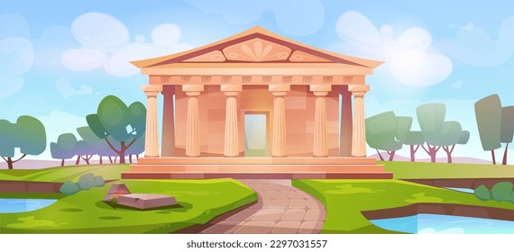 Greek or roman building. Famous ancient palace with column and pillar. Panorama of old pediment architecture, pond and path. Summer landscape with historical landmark. Cartoon flat vector illustration svg