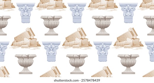 Greek and Roman column pattern. Ancient ruins from Greece or Rome seamless background. Broken pillar and vase illustration. Greek or Roman architecture art. White marble column seamless pattern, 3d bg