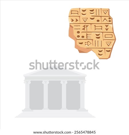 Greek or Roman column temple and clay ancient tablet with writing isolated on white background. Ancient artifacts. Vector