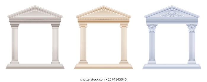 Greek and Roman column temple set. Pillar vector building. Ancient white marble architecture from Greece, Rome. Arch, frame, roof. Antique palace. Classic 3d stone house. Doric ionic corinthian temple