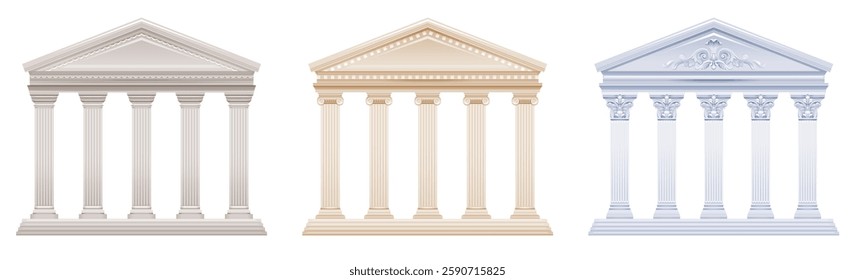 Greek and Roman column temple set. Pillar vector building. Ancient Doric ionic corinthian temple. Rome and Greece marble architecture illustration. 3d Parthenon house, white antique Greek Roman palace