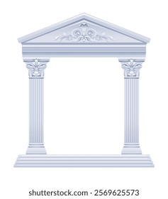 Greek and Roman column temple. vector building with pillar. Ancient white marble architecture from Greece, Rome. Arch frame with roof. Antique Corinthian parthenon palace. Classic 3d stone house bg