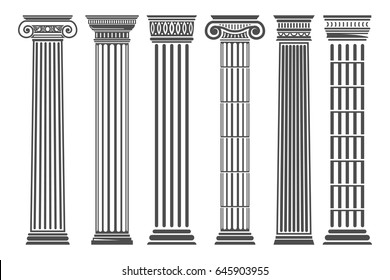 Greek and Roman columns set, temple building element, elegant architecture and classical decoration. Vector flat style illustration isolated on white background