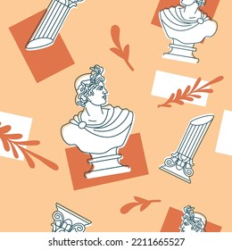 Greek or Roman culture heritage, statuette or sculpture, bust or ruler and columns with ornaments and geometry shapes. Seamless pattern or background, wallpaper or print. Vector in flat style