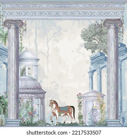Greek, Roman garden, pillar, arch, Mughal horse vector illustration