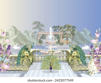 Greek Roman garden, pillar, arch, peacock illustration. Swan in a beautiful lake vector  illustration.