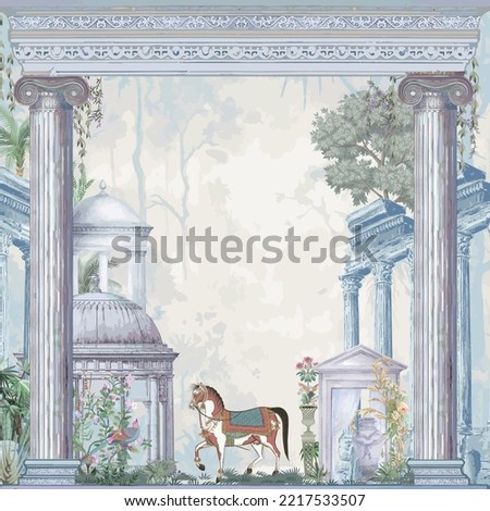 Greek, Roman garden, pillar, arch, Mughal horse vector illustration Imagine de stoc © 