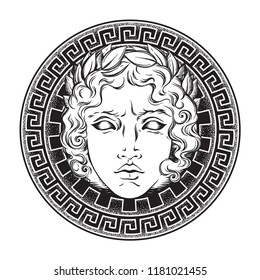 Greek and roman god Apollo. Hand drawn antique style logo or print design art vector illustration