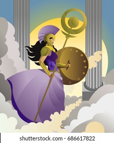 greek roman goddess athena minerva with shield and staff in the sky