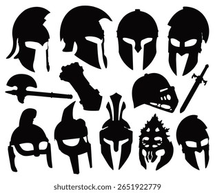 Capacetes romanos gregos. Antiga armadura de cabeça de cavaleiro guerreiro com plumagem de viseira, espartano lutador elementos de proteção estilo plano. Silhuetas de chapéus de combate de gladiadores. capacete de cabeça de guerreiro, cavaleiro medieval