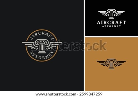 Greek Roman Ionic Corinthian Column Pillar With Bird Wings for Aircraft Aviation Aerial Law Firm Attorney Lawyer label logo design