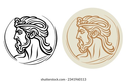 Greek roman male god logo. Stern face, straight nose. Coin