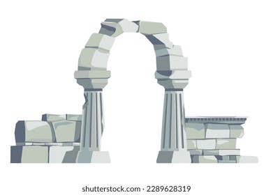 Greek or Roman ruins, isolated stones and pillars, arches and wall of bricks. Ancient historical sights or architecture buildings and construction. Exhibition or museum. Vector in flat style