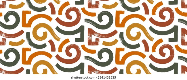 Greek roman seamless pattern with warm colors meander motif. Contemporary pattern with abstract curved bold brush strokes. Antique greek meander in contemporary style. Nordic terracotta colored print.