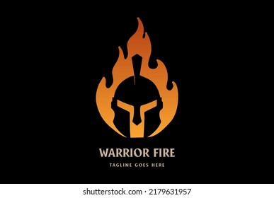 Greek Roman Spartan Knight Helmet with Fire Flame Logo Design Vector