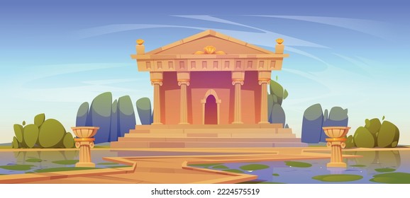 Greek or roman temple building, ancient architecture with columns and pediment. Summer landscape with antique palace with pillars and road through lake, vector cartoon illustration