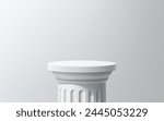 Greek Roman white column podium. Realistic 3d vector pillar with round base for cosmetics presentation, products promo and exhibition of classical art objects in museum. Pedestal, platform or display