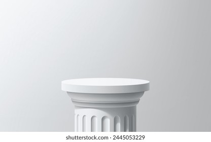 In: Greek Roman White Column Podium. Realistische 3D-Vektorgrafik-Säule mit runder Basis für Kosmetikpräsentation, Produktwerbung und Ausstellung klassischer Kunstobjekte im Museum. Standfuß, Plattform oder Display