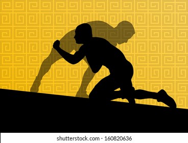 Greek roman wrestling active men sport silhouettes vector abstract background illustration