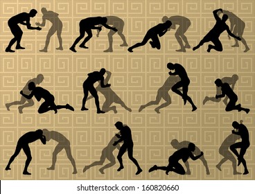 Greek roman wrestling active men sport silhouettes vector abstract background illustration