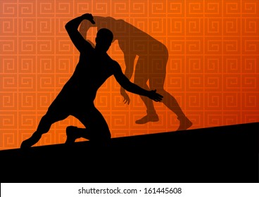 Greek roman wrestling active men sport silhouettes vector abstract background illustration